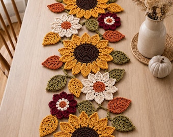 Patrón de camino de mesa de ganchillo con girasoles, decoración floral otoñal estilo granja (descarga en PDF)