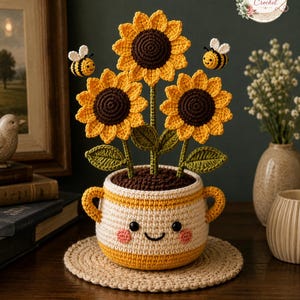 May include: A crocheted potted plant featuring three yellow sunflowers with dark brown centers and green leaves, accompanied by two small crocheted bees. The pot is cream and yellow with a smiling face, two handles, and a brown crocheted soil top.