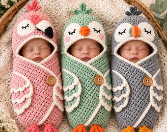 Patrón de capullo de bebé a crochet, capullo de bebé con capucha de pájaro, patrón de crochet de búho y flamenco, accesorio para fotos de recién nacidos, patrón de crochet para bebé en PDF