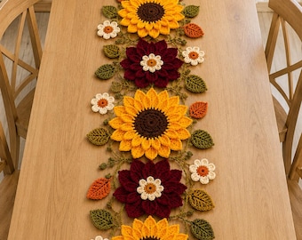 Patrón de camino de mesa de girasoles a crochet, diseño floral otoñal en PDF, decoración rústica de otoño (descarga digital)