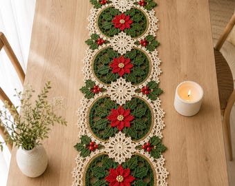 Patrón PDF para camino de mesa de flor de Pascua a crochet, decoración festiva de encaje para las fiestas (descarga digital)