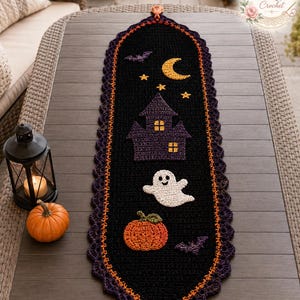 Puede incluir: Un camino de mesa de ganchillo negro con temática de Halloween que incluye una casa encantada morada, un fantasma blanco, una calabaza naranja, una luna creciente amarilla, estrellas y murciélagos morados, con un borde festoneado.