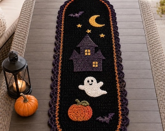 Patrón de camino de mesa de ganchillo para Halloween: casa encantada, fantasma, calabaza, murciélagos (descarga en PDF)