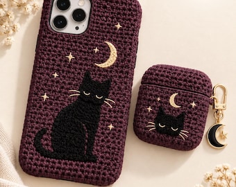 Patrón de funda y estuche para teléfono a crochet: gato negro, luna y estrellas (descarga en PDF)