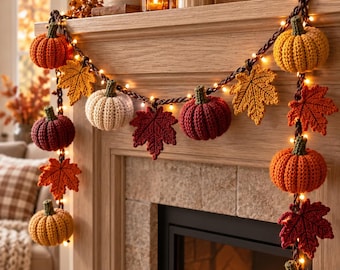 Patrón de guirnalda de calabazas a crochet, banderines de hojas de arce, decoración otoñal para la chimenea (PDF)