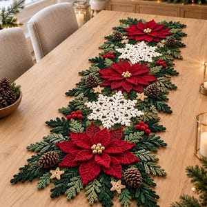 May include: A long, rectangular crochet table runner featuring a repeating holiday pattern of red poinsettia flowers with gold centers, white snowflakes, green pine branches, small brown pinecones, red berries, and tiny beige stars.