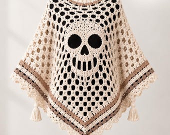 Patrón de poncho de calavera a crochet, capa gótica bohemia, chal de Halloween (PDF)