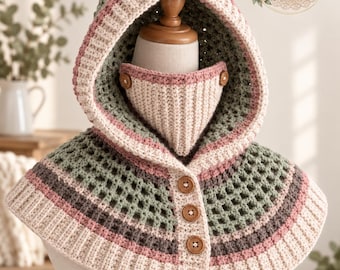 Patrón PDF de bufanda con capucha de ganchillo, pasamontañas convertible, capa de invierno con capucha, cubrebocas desmontable, patrón de ganchillo para adultos.