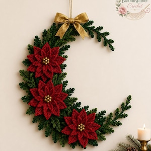 Patrón de corona de media luna con flor de Pascua a crochet, decoración navideña para la puerta (descarga en PDF) imagen 3