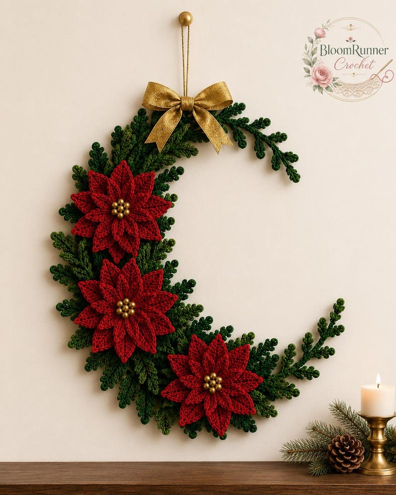 Patrón de corona de media luna con flor de Pascua a crochet, decoración navideña para la puerta (descarga en PDF) imagen 3