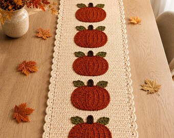 Patrón de camino de mesa de calabazas a crochet, decoración otoñal de estilo rústico (descarga en PDF)