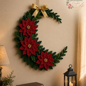 Patrón de corona de media luna con flor de Pascua a crochet, decoración navideña para la puerta (descarga en PDF) imagen 7