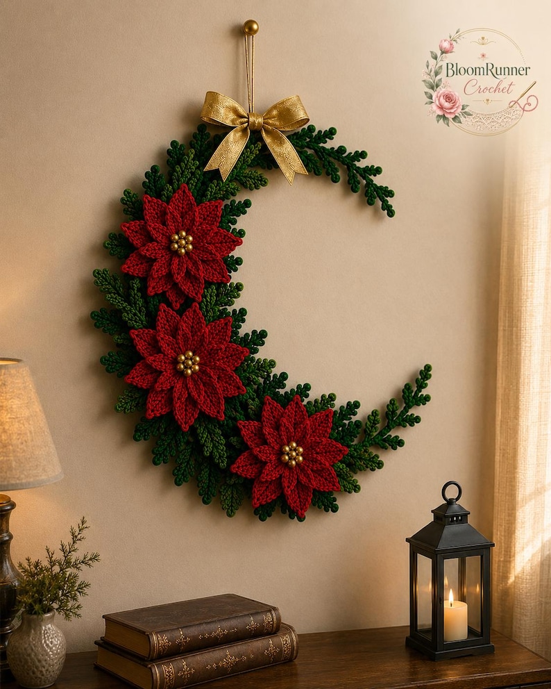 Patrón de corona de media luna con flor de Pascua a crochet, decoración navideña para la puerta (descarga en PDF) imagen 7