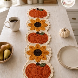Mönster för virkade pumpa-bordslöpare (PDF), bondgårdshöstdekor, Thanksgiving-bordslöpare