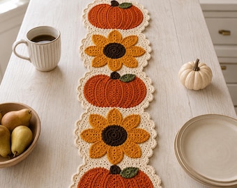 Patrón de camino de mesa de calabaza a crochet (PDF), decoración otoñal estilo granja, camino de mesa de Acción de Gracias