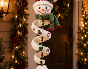 Patrón de muñeco de nieve en espiral de ganchillo en PDF, adorno navideño colgante, decoración navideña de amigurumi (descarga en PDF)