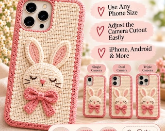 Patrón de funda para teléfono de ganchillo con diseño de conejito en 3D, PDF para principiantes, funda para auriculares a juego.
