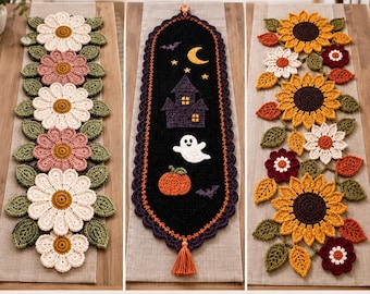 Paquete de 3 patrones de caminos de mesa de ganchillo, camino de mesa de Halloween con margaritas y girasoles, decoración floral de otoño para mesa en formato PDF.