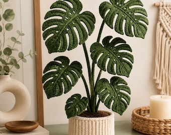 Patrón de planta Monstera a crochet en PDF, decoración realista para el hogar con plantas en maceta (descarga digital)
