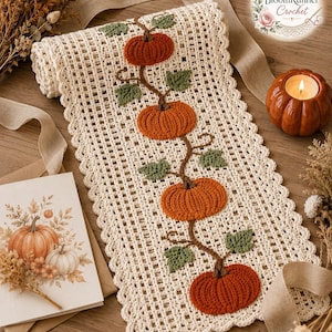 May include: A cream-coloured crocheted table runner featuring a central vine pattern with four orange pumpkins and green leaves. The runner has a scalloped edge and a grid-like texture. A logo in the top right corner reads BloomRunner Crochet.