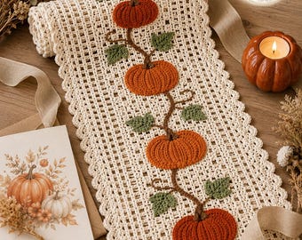 Patrón de camino de mesa de calabaza a crochet, decoración otoñal con encaje de filet (descarga en PDF)