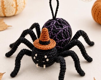Crochet Spider Pattern, Witch Hat Amigurumi, Halloween Hanging Ornament (PDF Tutorial)