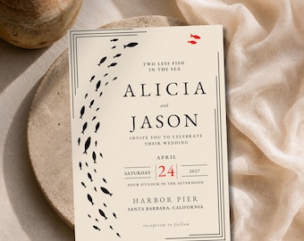 Coastal Fish Wedding Invitation Template, Editable Nautical Sea Invite with Mobile Version & RSVP Cards