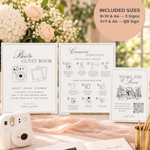 Instax Mini 13 Instructions & Photo Guest Book Signs | QR Code Photo Sharing Template | Editable Canva Old Money Polaroid Guestbook Sign