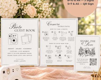 Instax Mini 13 Instructions & Photo Guest Book Signs | QR Code Photo Sharing Template | Editable Canva Old Money Polaroid Guestbook Sign