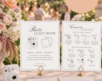 Instax Mini 13 Instructions & Photo Guest Book Signs | Instant Photo Template | Editable Canva Old Money Polaroid Guestbook Sign
