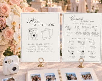 Instax Mini 13 Instructions & Photo Guest Book Signs, Black and Cream Wedding Guestbook, Editable Old Money Polaroid Sign