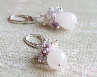 Rose Quartz Cluster Earring - Pastel Jewelry - Sterling Silver Earrings - Pink Gray Plum Crystal Jewelry - Bridesmaid Gift - Wedding Jewelry