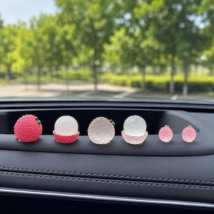 Pink Lychee Car Dashboard Ornaments, 6-Piece Fruit Set, Playful Interior Accessory