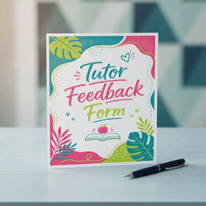 Op de afbeelding: Een rechthoekige Tutor Feedback Form kaart met een witte achtergrond, voorzien van kleurrijke abstracte vormen, illustraties van tropische bladeren, een klein rood appelicoon boven een open boek en de tekst Tutor Feedback Form in blauw en roze.