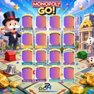 May include: A Monopoly GO game board graphic featuring the Monopoly mascot in a top hat and tuxedo. The image displays a grid of sixteen empty sticker slots with five-star icons above each, labelled with names like Lisa's Blues and Mr. Burns.