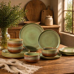 May include: A set of ceramic dinnerware featuring a two-tone glaze with a sage green interior and a warm brown exterior. The collection includes round dinner plates, salad plates, and deep bowls, all showcasing a smooth, reactive finish.