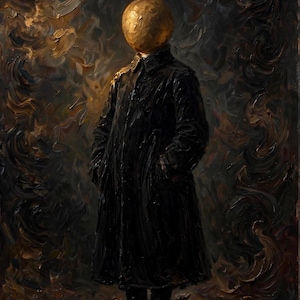Könnte beinhalten: Ein Ölgemälde, das eine Figur in einem langen schwarzen Mantel mit einem kugelförmigen goldenen Kopf zeigt. Die Figur steht in einer dunklen, texturierten Umgebung mit sichtbaren Pinselstrichen und trägt spitz zulaufende, geschwungene Schuhe.