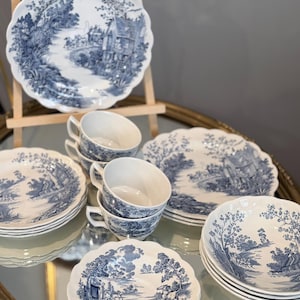 Vintage blått och vitt Staffordshire Transferware-servisset för 4 personer | Ridgway England