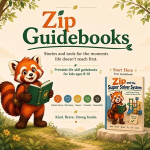 Könnte beinhalten: Eine Werbegrafik für Zip Guidebooks mit einem Cartoon-Roten Panda, der ein grünes Buch hält. Der Text umfasst 'Zip Guidebooks', 'Stories and tools for the moments life doesn't teach first' und ein Buch mit dem Titel 'Zip and the Super Solver System'.