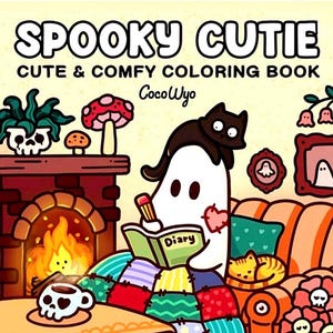 Puede incluir: Un libro para colorear titulado SPOOKY CUTIE CUTE & COMFY COLORING BOOK de CocoWyo. La ilustración de la portada muestra un fantasma blanco escribiendo en un diario verde, un gato negro sobre su cabeza, una chimenea, un sofá y una taza con forma de calavera.