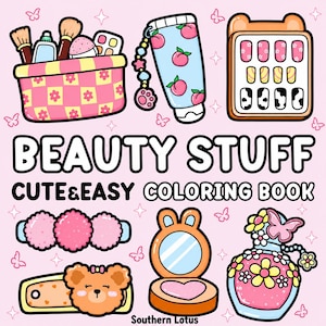 Puede incluir: Una portada de libro para colorear titulada BEAUTY STUFF CUTE&EASY COLORING BOOK con ilustraciones de un neceser, un tubo con estampado de melocotones, uñas postizas, accesorios para el pelo, un clip de oso, un polvo compacto y un perfume.