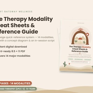 May include: A 32-page digital therapy modality cheat sheets and reference guide PDF. The cover features a desert-themed arch illustration with cacti and the text: The Therapy Modality Cheat Sheets & Reference Guide. Includes 14 modalities.