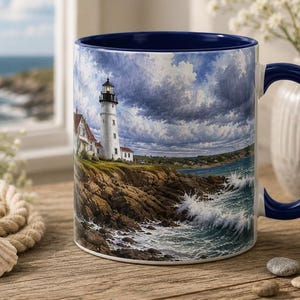 Storm Watch Watercolor Mug | New England Lighthouse Coffee Mug | Coastal Ocean Gift | Nautical Ceramic Mug | 11 oz & 15 oz