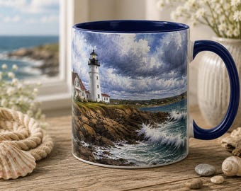 Storm Watch Watercolor Mug | New England Lighthouse Coffee Mug | Coastal Ocean Gift | Nautical Ceramic Mug | 11 oz & 15 oz