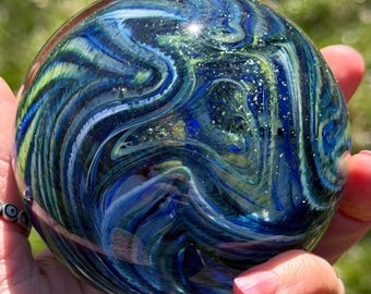 Blue & Green Sparkle - Hand Blown Glass Paperweight – One of a Kind Art Glass – Unique Desk Decor Gift