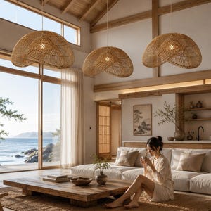 Handwoven Rattan Cloud Pendant Light – Japandi Coastal Wicker Ceiling Lamp