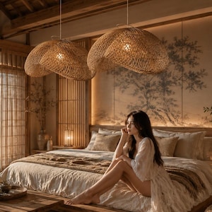 Handwoven Rattan Cloud Pendant Light – Japandi Coastal Wicker Ceiling Lamp