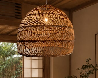 Handwoven Rattan Pendant Light, Wabi Sabi Boho Scandinavian Ceiling Lamp 43 x 38cm