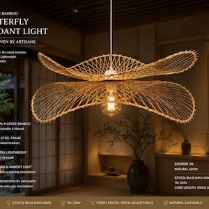 Handwoven Bamboo Butterfly Pendant Light | Japandi Wabi Sabi Ceiling Lamp