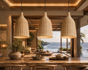 Lampada a sospensione in rattan intrecciato a mano / Rattan 100% naturale / Lampada da soffitto Japandi / Lampada a sospensione in stile boho costiero / Scandinavo